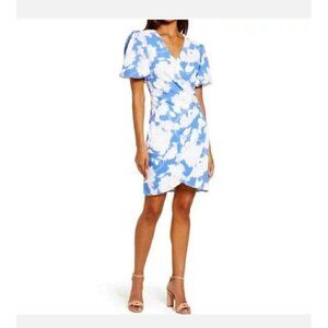 Julia Jordan Women's Floral Print Puff Sleeve Faux Wrap Dress In Blue Size 14